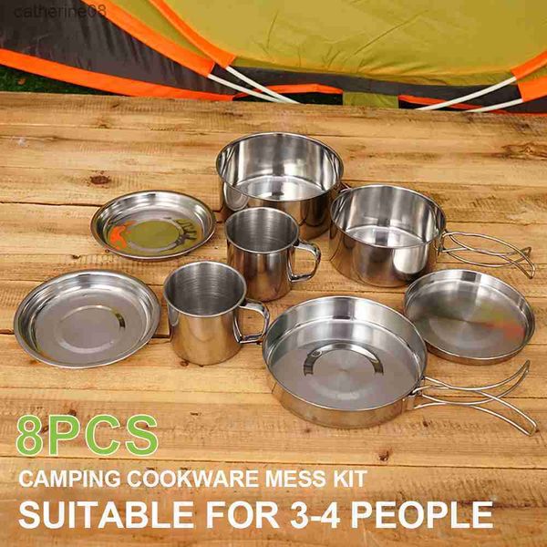 Juego de utensilios de cocina para acampar, 8 Uds., juego de ollas y sartenes de acero inoxidable con platos, tazas para acampar al aire libre, senderismo, mochilero