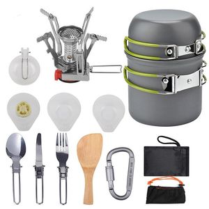 Juego de utensilios de cocina para acampar, utensilios de cocina portátiles para senderismo y Picnic, Mini juegos de estufa de Gas, vajilla para acampar, olla, suministros de viaje al aire libre