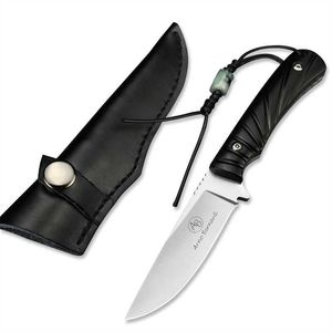 Cuchillo de hoja fija con mango de ébano para acampar, caza de supervivencia EDC para exteriores con Funda de cuero