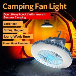 Campingventilatorlamp voor tenten, tentventilator met lantaarn Draagbare USB oplaadbare batterij-aangedreven bureauventilator Powerbank voor reizen, vissen, wandelen, barbecue, kampventilatorlicht