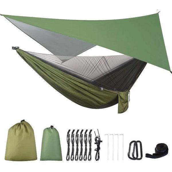 Hamac de camping avec moustique Net Rain Fly Tourning Tree STRAP NYLON Parachute Single Double Tent étanche 240411