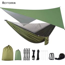 Hamac de camping avec bâche anti-pluie et moustiquaire, sangles d'arbre, hamac de parachute portable simple et double en nylon pour voyage 240104