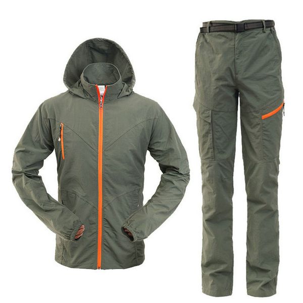 Camping Randonnée Vêtements Sport de plein air Hommes Été Sun UV Protection Veste à capuche Set Quick Dry Respirant Femmes Sportswear Suit 201114