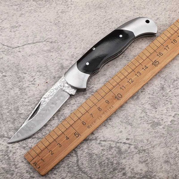 Cuchillos de caza para acampar, cuchillo afilado de acero de Damasco, cuchillo táctico plegable, cuchillo portátil para exteriores, cortador de frutas de ébano de madera con funda de cuero 240312