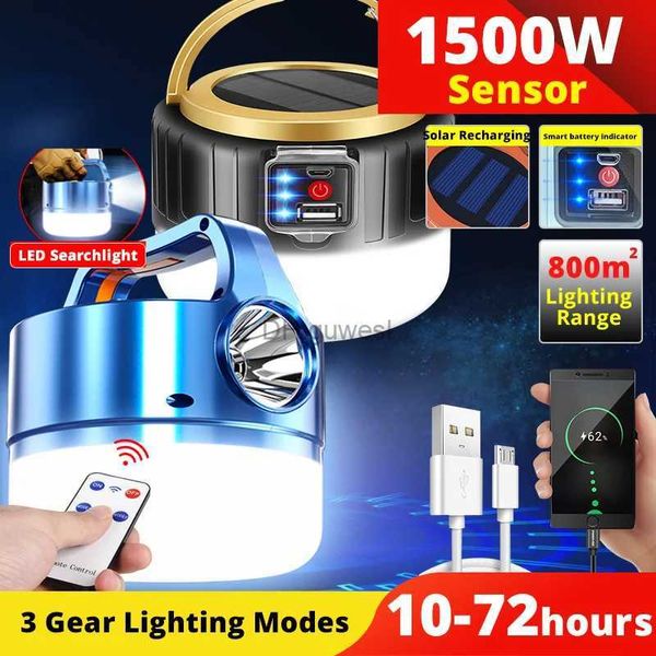 Lanterne de Camping 1500W solaire LED Camping lumière tente lampe USB ampoule rechargeable lanternes portables accrocher lampe de poche réparation d'urgence SensingLight YQ240124