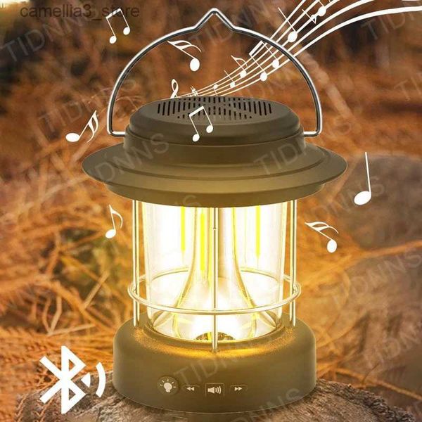 Linterna de camping Linterna de camping LED portátil con altavoz Bluetooth Luces retro Recargable Atenuación continua Luces de tienda de viaje al aire libre Q231116