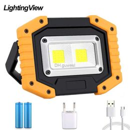 Lanterna de acampamento portátil holofote led cob luz da lâmpada trabalho para acampamento caça lanterna holofote recarregável 18650 bateria yq240124