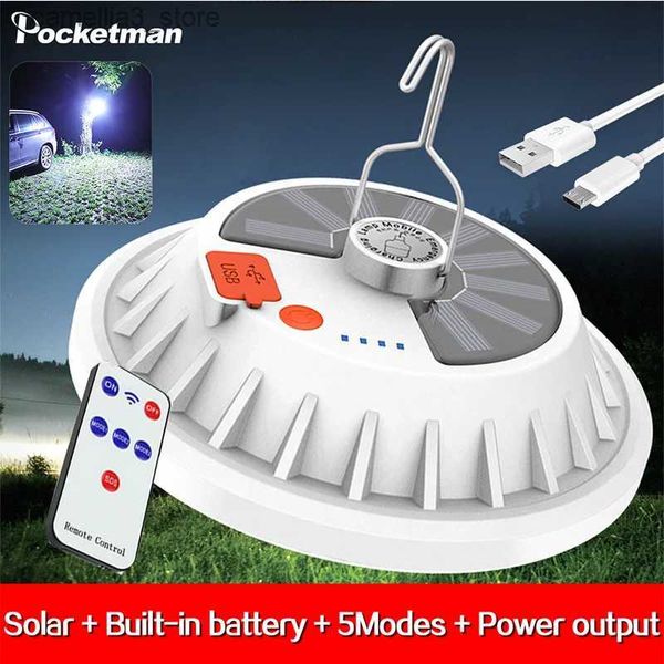 Linterna de camping Solar Recargable Camping Lámpara LED Bombilla Control remoto Carga Linterna Portátil Emergencia Noche Mercado Luz Al aire libre Hogar Q231116