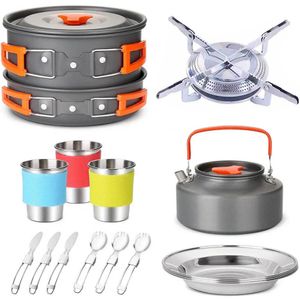 Camping équipement de voyage vaisselle batterie de cuisine Kit casseroles cuisinière à gaz accessoires ustensiles de cuisine ensembles pique-nique BBQ fournitures 240223