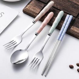 Camping Travel Flatare Set met Case Tarw Straw Handgreep roestvrijstalen lepel lepel chopsticks servies sets voor schoollunch buiten picknick