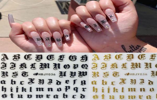 Peut mélange des conceptions nail art 3d autocollants en alphabet en alphabet blanc noir or acrylique ongles tool8972713