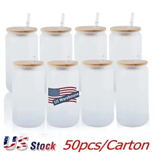 CAN US STOCK Tazas de cerveza de vidrio de sublimación de 16 oz con tapa de bambú Vasos de paja DIY Blanks Frosted Clear Can Cups Transferencia de calor Cóctel Café helado Whisky JY18