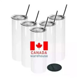 CAN / USA Stock 20 oz Tazas de sublimación Espacios en blanco Vasos de acero inoxidable blancos Tapa Pajitas Botellas de agua de cerveza de gran capacidad Tazas para acampar al aire libre 1216