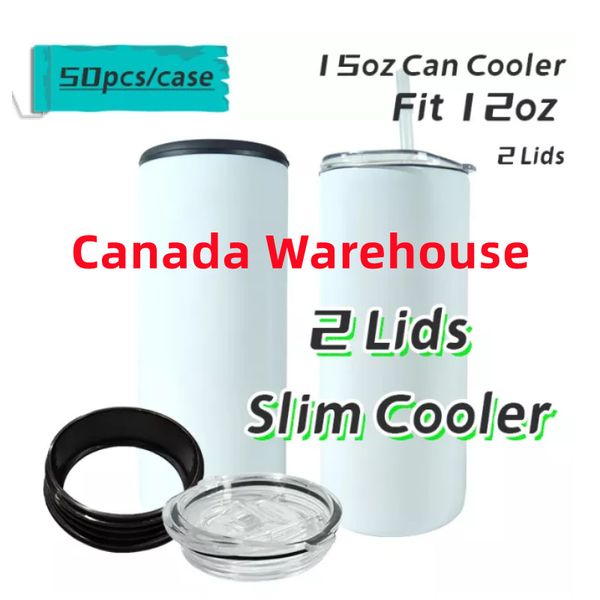 Entrepôt Canada Gobelets à sublimation droits 15 oz Refroidisseur de canettes 2 en 1 Deux couvercles Pailles transparentes Acier inoxydable Blanc Blanc Double paroi Ajustement sous vide 12 oz Coke Wine Cups B5