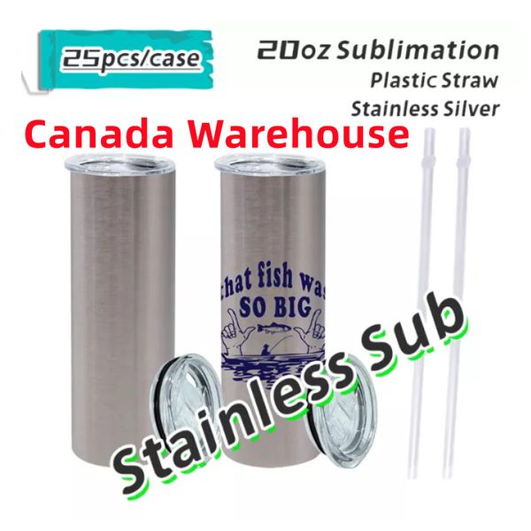 Canada Entrepôt 20 oz Non-Subliamtion Skinny Tumblers argent Droit Isolation en acier inoxydable Aspirateur avec couvercles Pailles en plastique gobelets B5