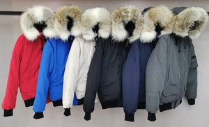 Канадские мужчины женщины зимние дизайнерские гусиные настоящие волчьи меха с капюшоном-бомбером на молнии и карманами модная парка Канада теплая пуховая куртка пальто Jacketstop