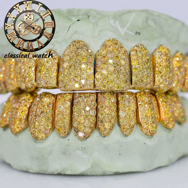 Canary Yellow Vvs Moissanite Diamond Grillz glacé, bijoux hip hop pour rappeurs, calandre personnalisée de luxe