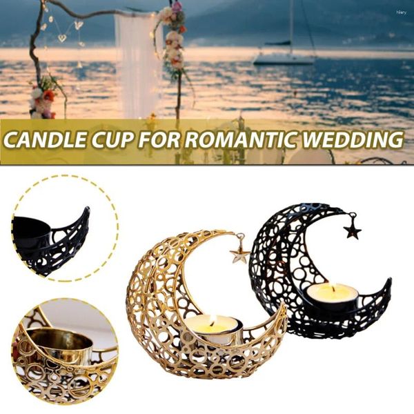 Portes de velas 10.5 cm Ligero Luxury Crescent Moon Star Black Gold Metal Soportes de boda romántica Copas de Navidad de boda moderna