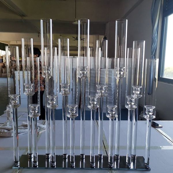 Candelabros de 15 brazos, candelabros de cristal alto y transparente, candelabros de cristal, mesa de boda, centros de mesa para árboles