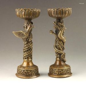 Kandelaars 17,8 cm / Chinese handgemaakte fijne draak en Phoenix bronzen kandelaarpaar