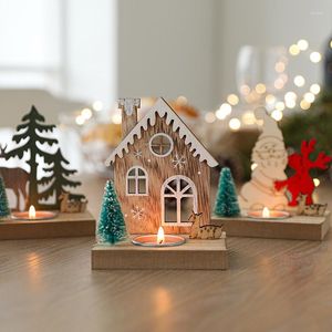 Partes de velas 1pc Candelero de Navidad Cute madera de madera Santa Claus House Soporte de forma de alce para Navidad Decoración de la mesa de la cena del año