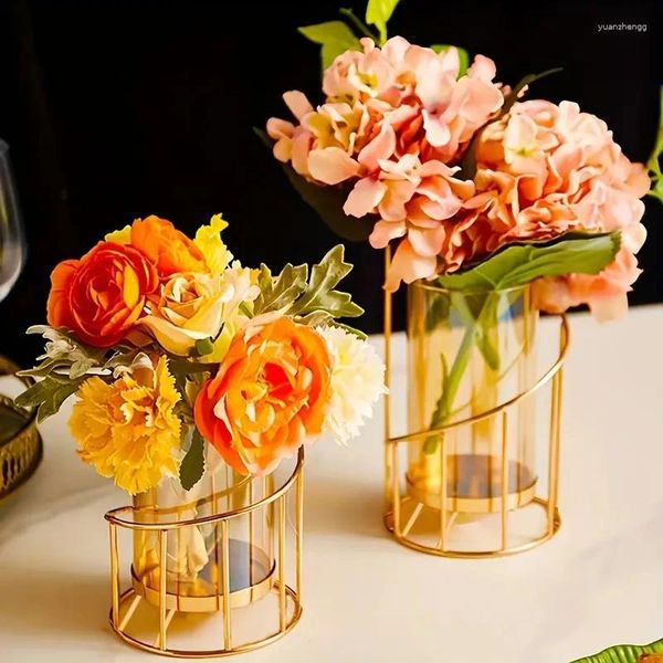 Canciers 1pc Vase de fleurs en verre doré avec cadre en métal décoration de mariage décoratif géométrique créatif moderne décoration