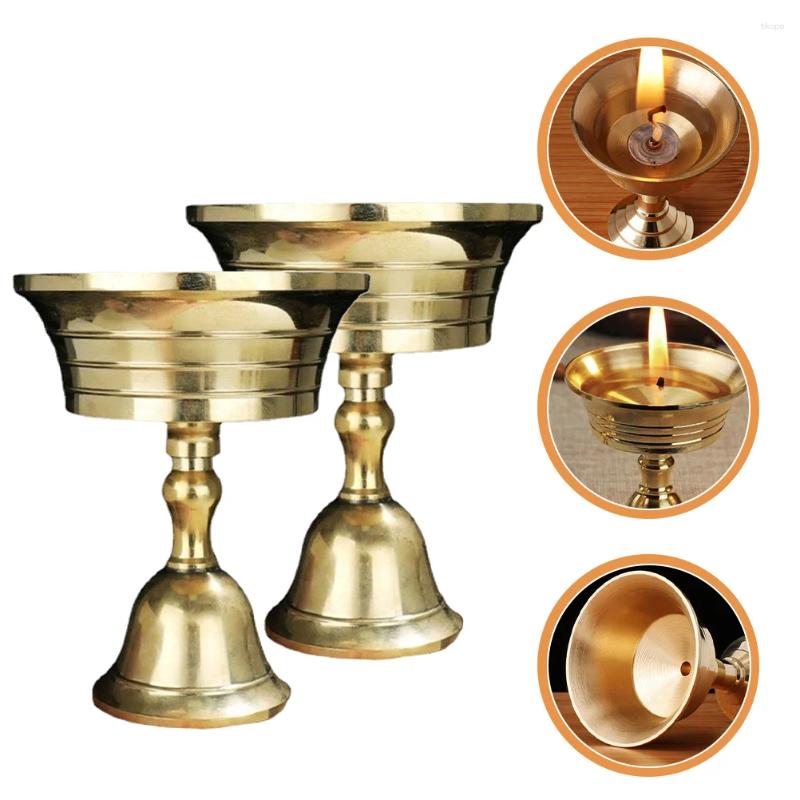 Candle Holders 2 Pcs Brass Ghee Lamp Holder Copper Decor Cup Gold Tealight Buddha Hall Oil Stick Stand