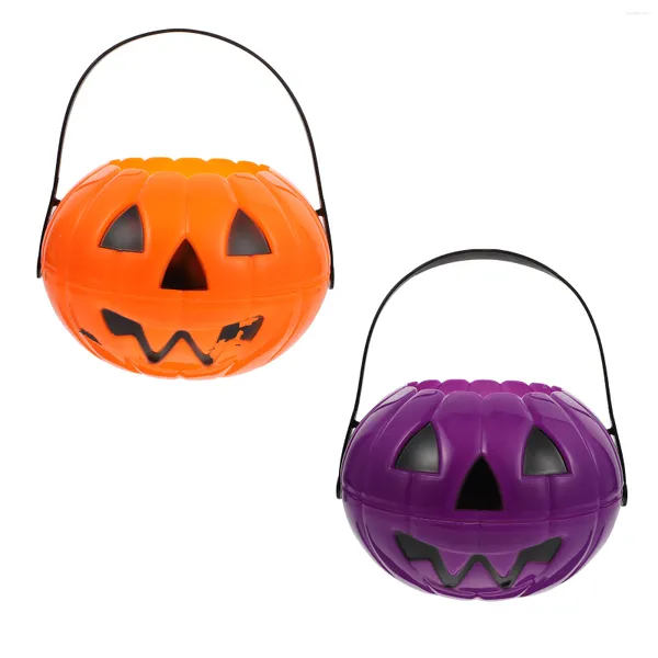 Portacandele 2 pezzi Secchio di zucca incandescente Puntelli di Halloween Decorazione lanterna Lampada simulata per bambino in plastica leggera Ornamento creativo