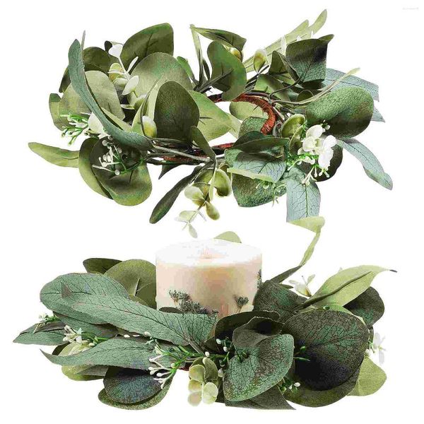 Bougeoirs 2 pièces anneaux pour piliers de printemps fleur décoration de table Pe (plastique) petites bougies de couronne d'eucalyptus