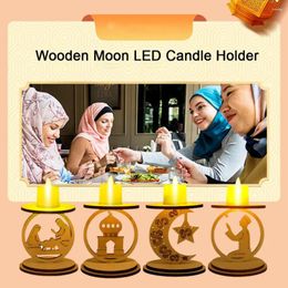 Kaarsenhouders 2024 Eid Mubarak Diy HOUTEN Moon Led Holder - Moslim Islamitische Party Decor Supplies for Home Table Candlestick K6B5