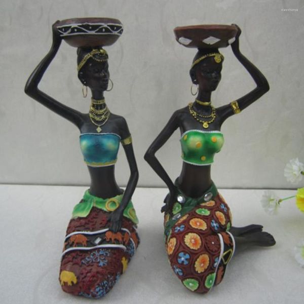 Portavelas 2PCS Craft Candelero a prueba de humedad Adornos de boda pequeños Cena Estatua de resina Mujeres africanas Decoración del hogar Regalo Restaurante