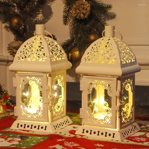 Portavelas 2 piezas Vintage titular linterna Retro Metal blanco colgante con luz LED de hadas para mesa decoración del hogar
