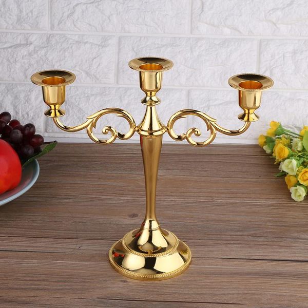 Candlers 3 Arms Metal Holder European Style Candelabra Wedding Candlestick Home Decor (Gold)