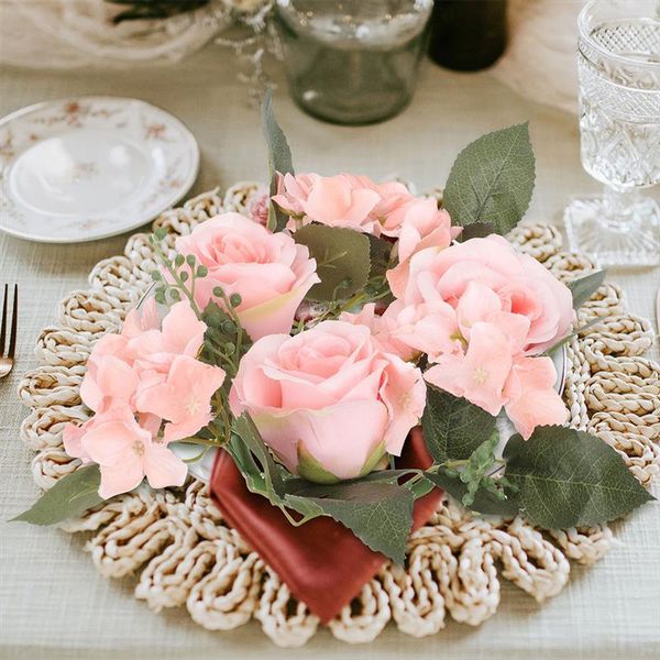 Bougeoirs 3 pièces anneaux de fleurs de roses artificielles couronnes florales porte-pilier pour la décoration de table de fête de mariage de noël