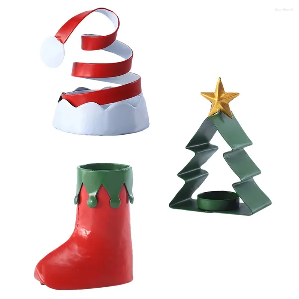 Bougeoirs 3pcs Téoir de Noël Porte-lumière Santa Boot Hat Tree Tree Bandlestick Stand Ornements de bureau pour le dîner de Noël