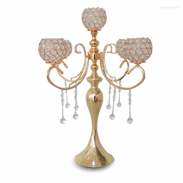 Candelabros de 5 brazos, candelabros de oro de 65cm de altura, candelabro con cuentas de cristal para centro de mesa, boda, fiesta, cena, eventos