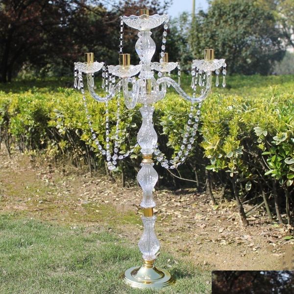 Candelabros 5 piezas / lote 90 cm de altura Acrílico 5 brazos Candelabros de metal con colgantes de cristal Titular Centro de mesa Decoración de fiesta Gota D Dhz5R