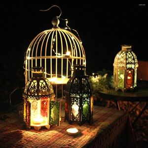 Portes de velas 8.07in linternas marroquíes colgando metal verde azulado al aire libre con vidrio coloreado