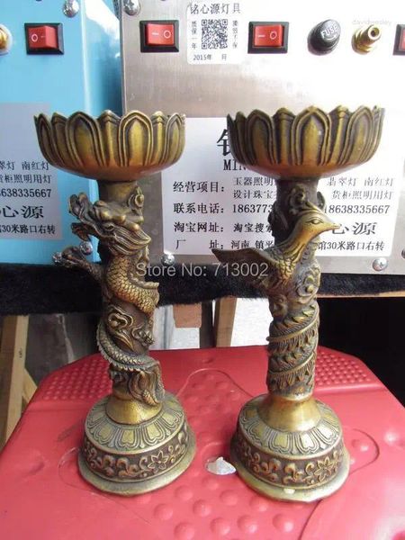 Bandlers une paire Old Copper Bouddhism Holder Stand avec Dragon et Phoenix