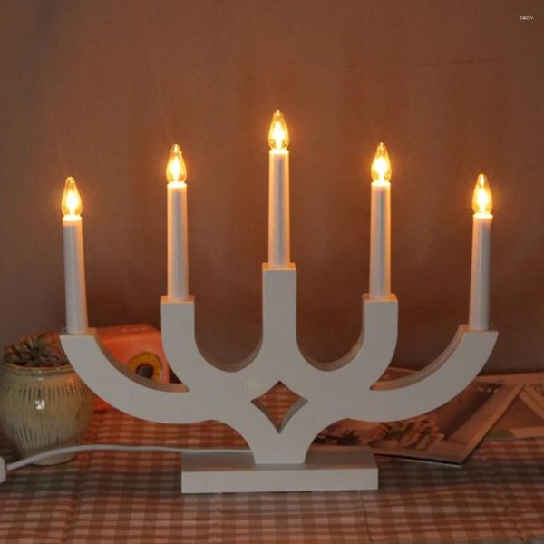 Boteros de velas Gran tamaño LED Wood Menorah 5 Branch 7 Representante de la lámpara de escritorio eléctrico