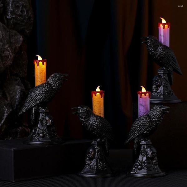 Velores Soportes Estatuas de cuervo negro con velas LED LED LEACHES DE LED DE LED Halloween Lámpara de mesa adornos aterradores