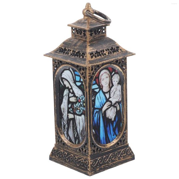 Bougeoirs Noël LED Tempête Lanterne Église Jésus Modèle Simulé Petite Lampe À Huile