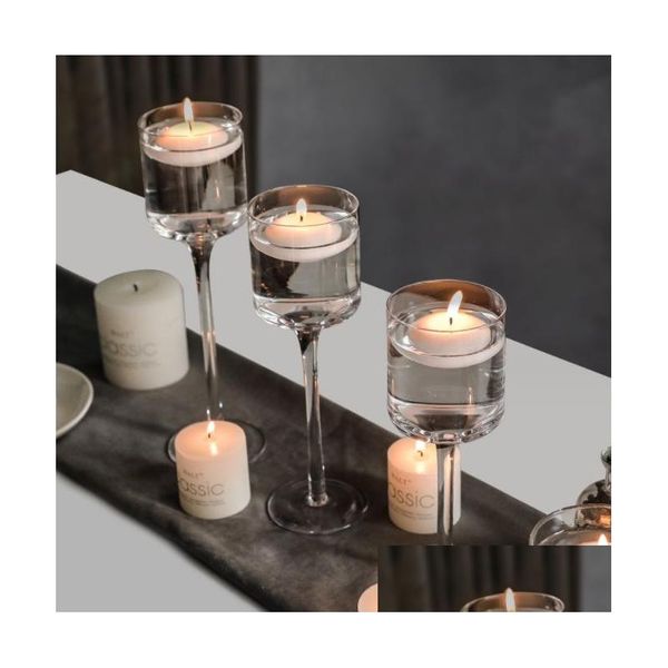 Bougeoirs Bougeoir en verre transparent pièces maîtresses de fête de mariage ensemble de 3 chandeliers de conception d'ouragan de lumière de thé pour la Pilla flottante Dhaub