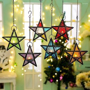 Kandelhouders kleurrijke reliëfglas vijfpuntige sterren ijzeren kunsthouder hangende windlamp ornamenten