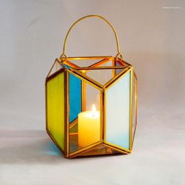 Candillas Soportes de vidrio creativo Lámpara de velas Lámpara de metal Linterera de oro Cambio de color de oro Geométrico Mariage Kaarsen HoUder