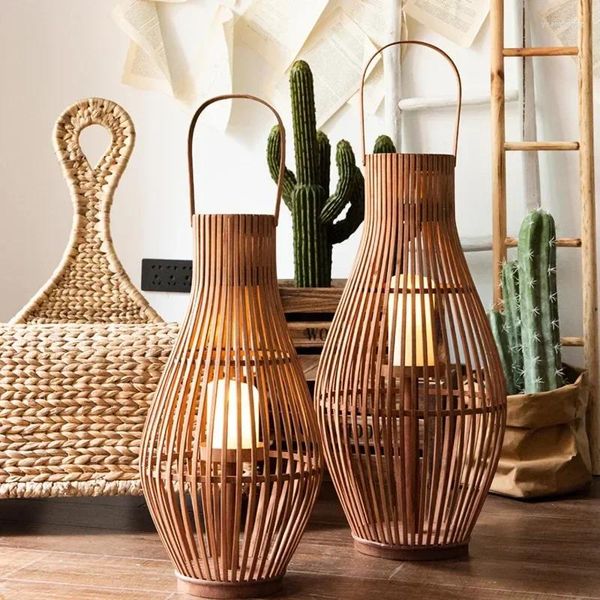 Candelabros Lámpara de pie creativa vintage elegante linterna de bambú hecha a mano chino el yardornament soporte eléctrico artificial
