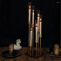Diseño de portavelas Diseño de 6 brazos de altura de tubo acrílico Candelabra de velas de oro para el centro de bodas
