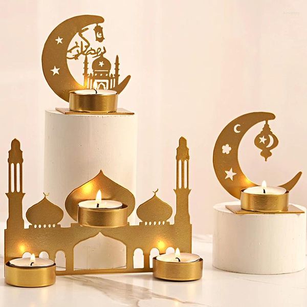 Candelabros Eid Mubarak, decoración del hogar, candelabro de Castillo, decoración de Ramadán, portavelas, Luna, Metal, oro, musulmán islámico