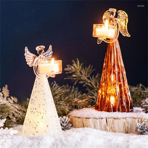 Portavelas Europa Angel Glass Holder Pequeña lámpara de noche Cuerda Decoración de Navidad Encanto Adornos luminosos Regalos de boda románticos
