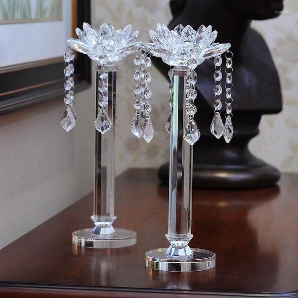 Bougeoirs Lotus européen clair K9 cristal chandelier paire avec chaîne perlée suspendue pour la décoration de fête de mariage de table à la maison et